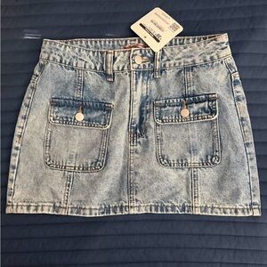 Light Blue Denim Mini Skirt with Front Patch Pockets